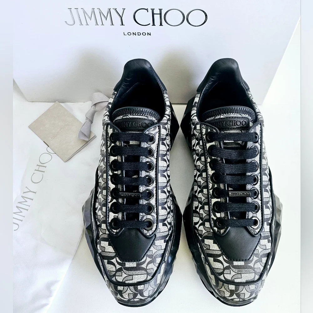 New With Tags Jimmy Choo Black Silver Diamond Calfskin Leather Sneakers